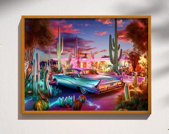 Neon Nights & Cactus Delights, Palm Spring Desert Retro Mid-Century Modern Space Age Atomic Wall Art Decor Print Poster