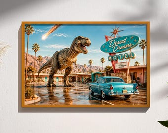 Palm Springs T-Rex Mid-Century Modern Dinosaur Print Retro Atomic Age Dark Humor Archival Paper