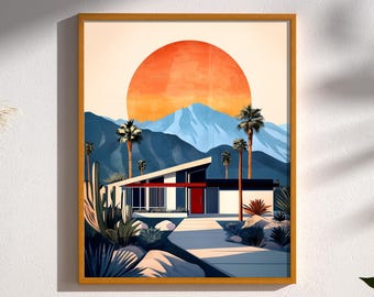 Mid Century Modern Retro Palm Springs House Swimming Pool Architecture Print Wall Art Painting Decor Retro Wall Art Graphic Poster
