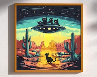 Whiskers in the Sky, Retro Rockets & Rescue Cats, UFO Vintage Retro SciFi Funny Cat Retro Sci-Fi Roswell Mid Century Print Poster Wall Art