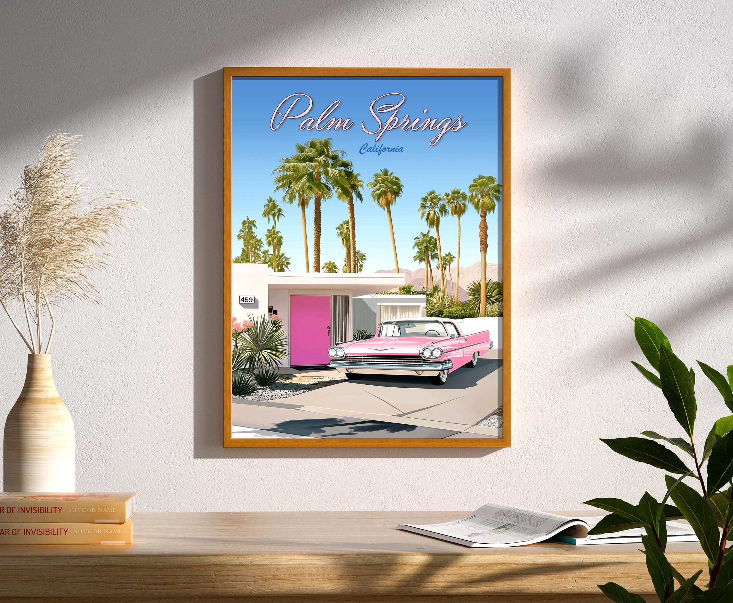 Palm Springs Travel Poster Pink Cadillac Mid Century Modern Home