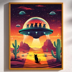 Fur from Beyond, Visitors from Planet Purr, UFO Vintage Retro SciFi Funny Cat Retro Sci-Fi Roswell Mid Century Print Poster Wall Art