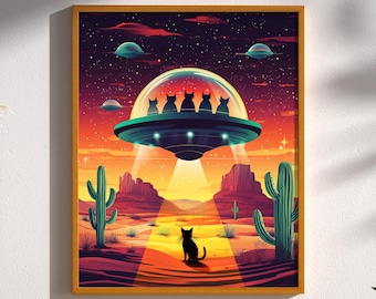 Fur from Beyond, Visitors from Planet Purr, UFO Vintage Retro SciFi Funny Cat Retro Sci-Fi Roswell Mid Century Print Poster Wall Art