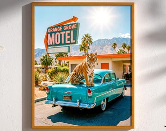 Palm Springs Mid Century Modern Retro Wall Art | Surreal Desert Scene | Mid-Century Tiger Print