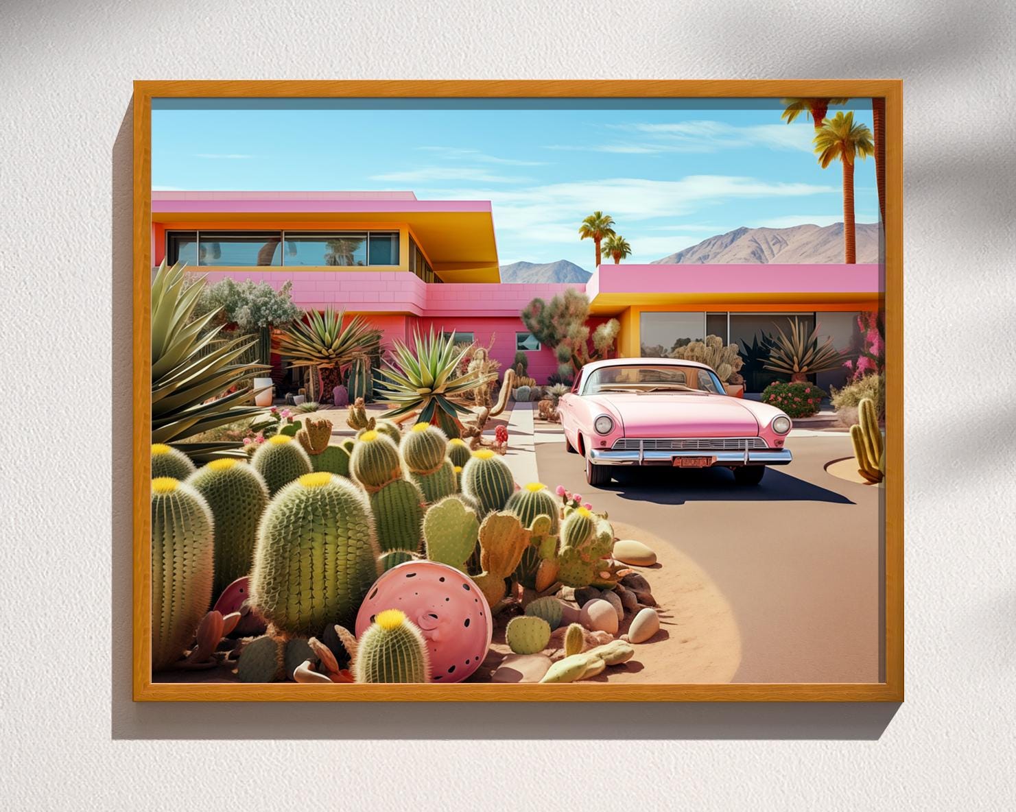 Mid Century Modern Home Pink Palm Springs Car Photo-realistic