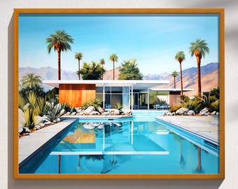Mid Century Modern Palm Springs House Swimming Pool Architecture Print Wall Art Painting Decor Retro Wall Art