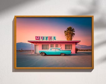 Desert Palm Tree Motel, Western Southwest Roadside Mid Century Boho Retro Wall Art Print Poster
