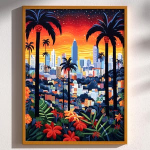 Los Angeles California Vintage Retro Travel Art Print Poster Illustration Wall Art LA Decor Los Angeles Art Poster Flower Art Palm Trees