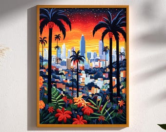 Los Angeles California Vintage Retro Travel Art Print Poster Illustration Wall Art LA Decor Los Angeles Art Poster Flower Art Palm Trees