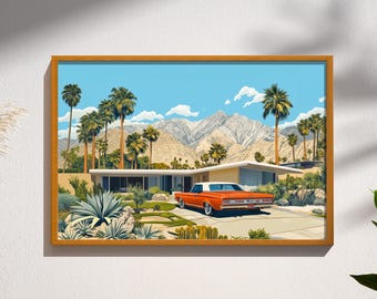 Arte de parede moderna de meados do século XX em Palm Springs | Impressão retrô de casa californiana | Pôster de arquitetura moderna do deserto