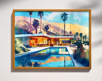 Palm Springs Pool Wall Art | Mid Century Modern House Print | Retro California Poolside Decor | Desert Modern Poster