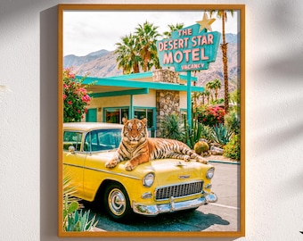 Palm Springs Tiger Print Mid Century Modern Retro Wall Art Surreal Desert Scene