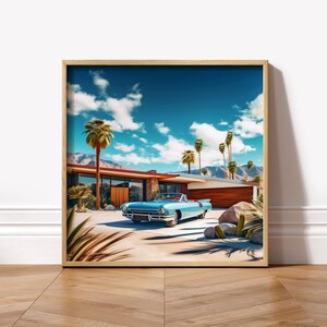 May include: A vintage blue convertible car parked in front of a mid-century modern house with palm trees and a blue sky.