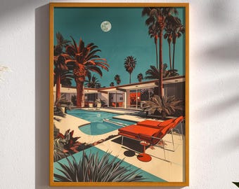 Palm Springs Pool Wall Art | Mid Century Modern House Print | Retro California Poolside Decor | Desert Modern Poster