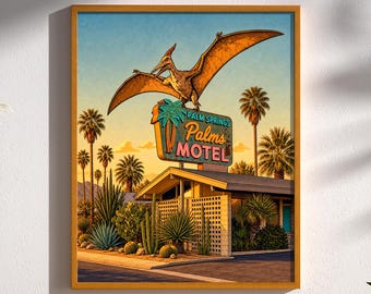 Palm Springs Dinosaur Mid Century Modern Pool Art Print Retro Atomic Age Desert Modern Dark Humor Pterodactyl Artwork Wall Decor