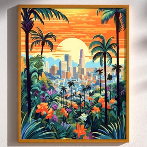 Los Angeles California Vintage Retro Travel Art Print Poster Illustration Wall Art LA Decor Los Angeles Art Poster Flower Art Palm Trees