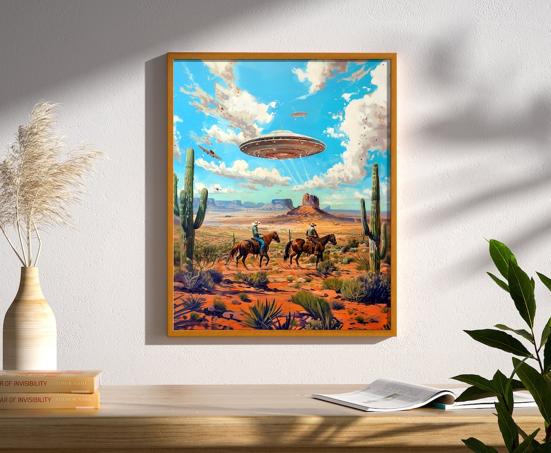 Aliens and Cowboys Retro Western Sci-fi UFO Wall Art Decor Print