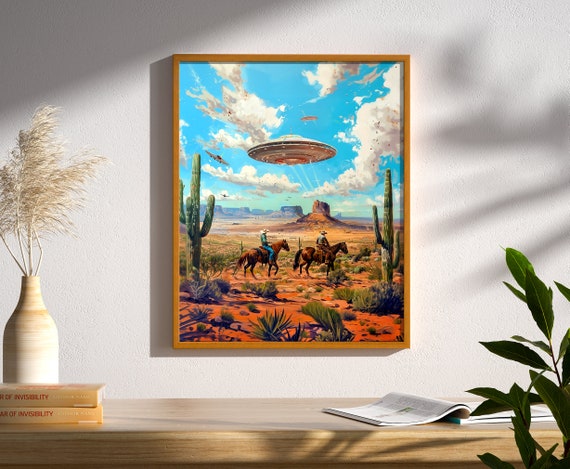 Aliens and Cowboys Retro Western Sci-fi UFO Wall Art Decor Print