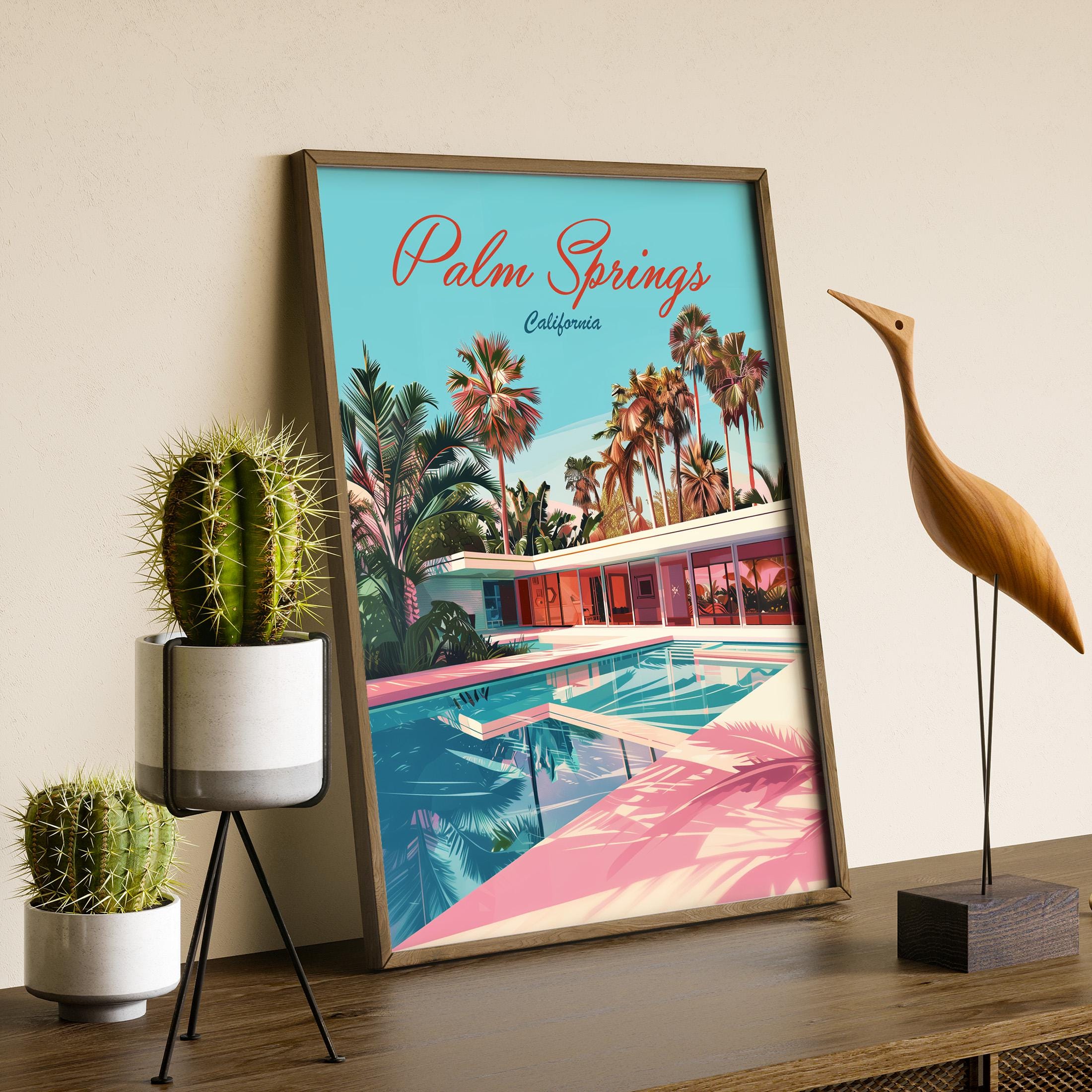 Palm Springs Mid Century Modern Home Pink and Blue Travel Poster
