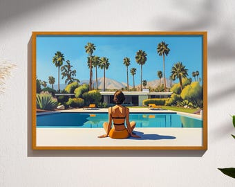 Casa moderna de meados do século à beira da piscina em Palm Springs, piscina, arquitetura chique feminina em tons pastel, glam, retrô, vintage, arte de parede, pôster, decoração