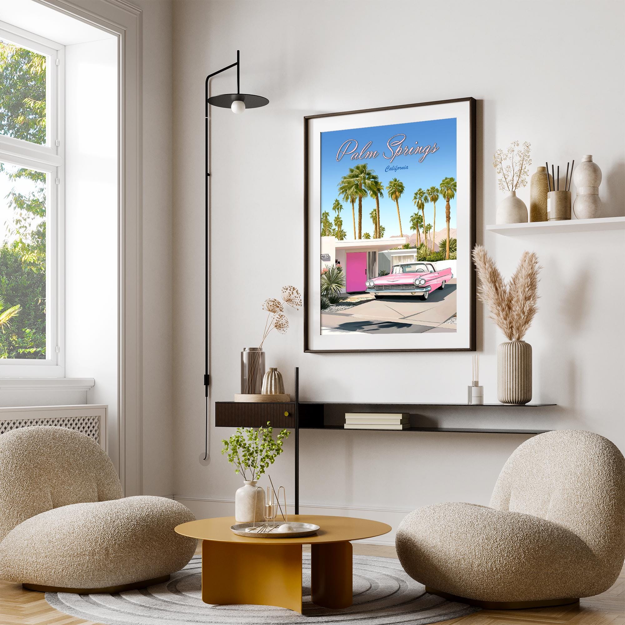 Palm Springs Travel Poster Pink Cadillac Mid Century Modern Home
