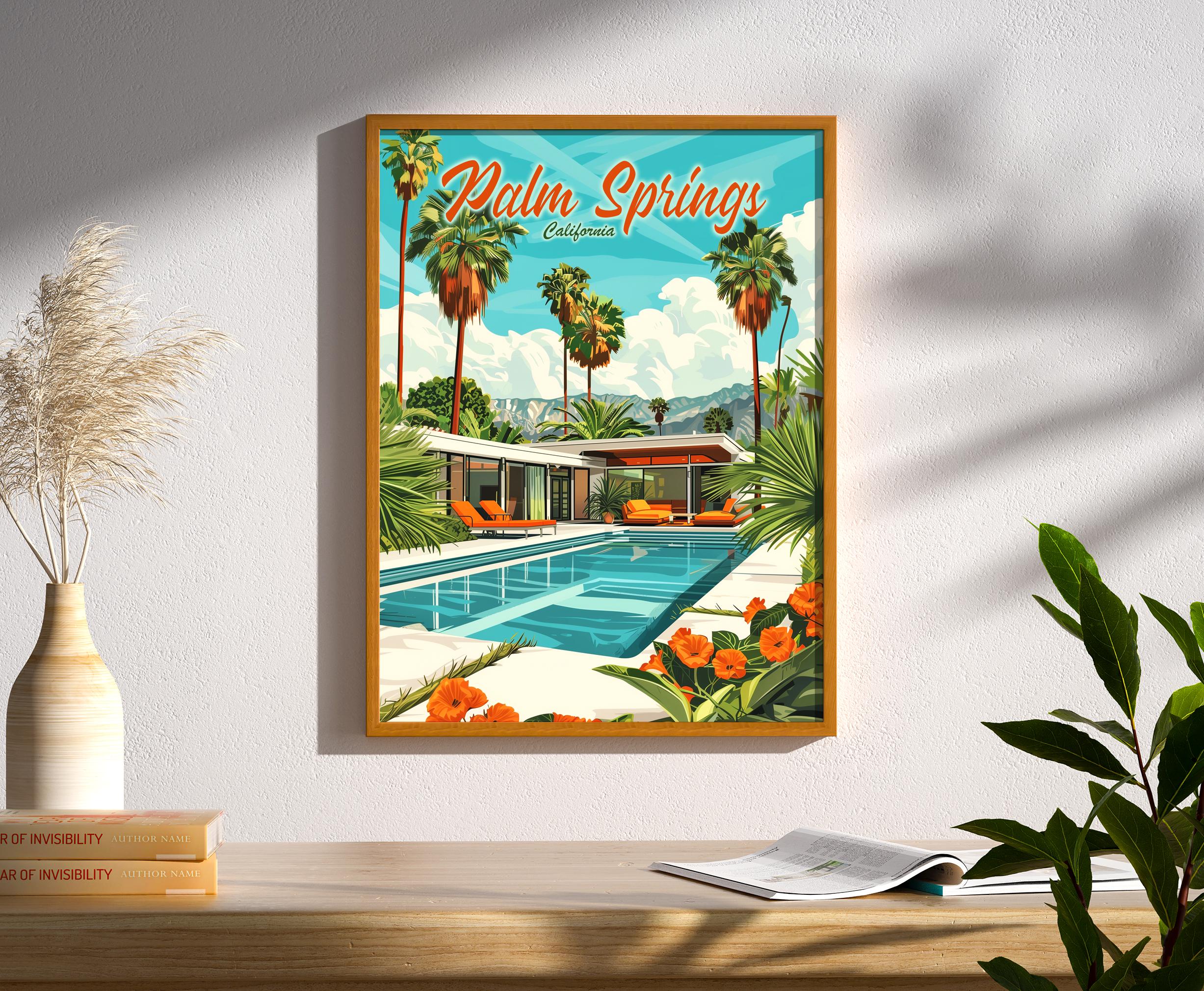 Palm Springs Mid Century Modern Home Orange Green Travel Poster