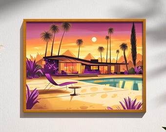 Palm Springs Pool Wall Art | Mid Century Modern House Print | Retro California Poolside Decor | Desert Modern Poster