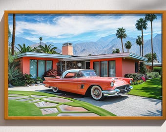 Pink Retro Futuristic Mid Century Modern Home Sci-fi Fifties Car Palm Springs Photo-Realistic Space Atomic Age Wall Art Decor Print Poster