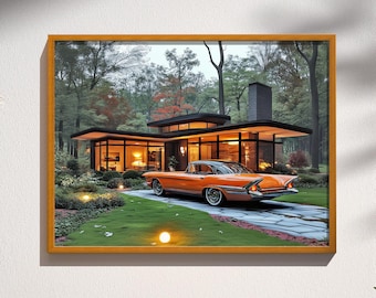 Retro Future Mid Century Los Angeles Sci-fi  Home and Car Photo-Realistic Space Atomic Age Wall Art Decor Print Poster Retrofuturism