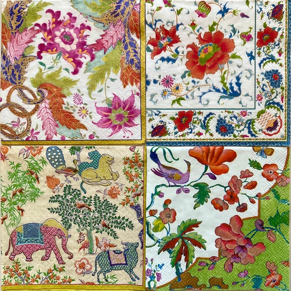 4 Asian Floral Decoupage Napkin Variety Set, Exotic Caspari Paper Le Jardin de Mysore, Tobacco Leaf, Chinese Ceramic, Summer Palace Celadon