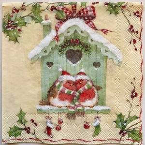 4 or 8 Winter Birds Decoupage Napkins Christmas IHR Paper Cocktail Size Robins Snow Bundled Birds Winter Snowy Birdhouse