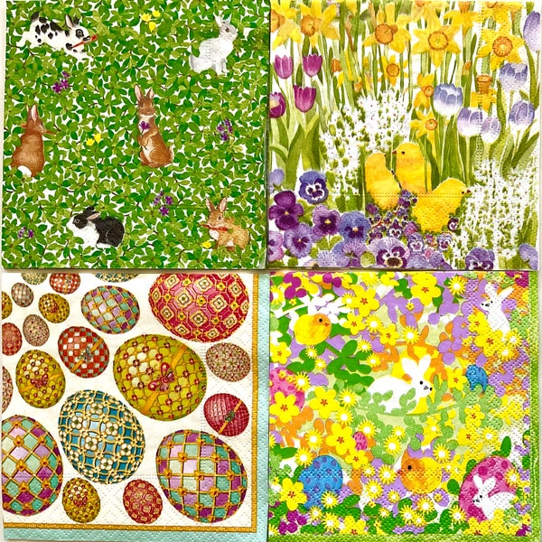 4 Easter Paper Napkins for Decoupage, Caspari Variety Set, Bunny Chicks, Imperial Eggs Daffodils Pansies Spring Floral, Bunnies Boxwood