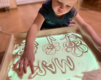 Light table with organic glass and colored lights. Montessori, Sensory table, wooden toy, LED light box.