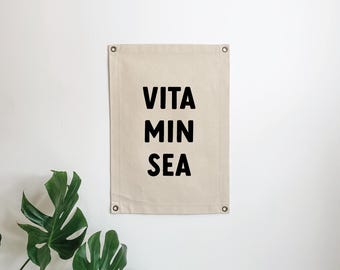 Bandera de lona con diseño de mar de vitaminas, bandera moderna de lona para el hogar, arte de pared minimalista, decoración de dormitorio bohemio, habitación infantil, decoración costera, decoración surfera