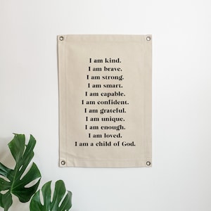 Affirmation Canvas Banner, Modern Christian Home Decor Fabric Flag, Minimalist Child&#39;s Room Wall Art, Neutral Kids Nursery Bedroom Decor