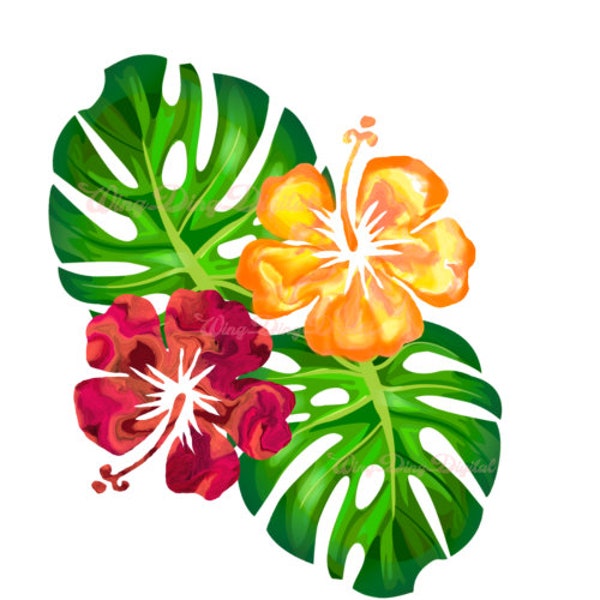 Hibiscus Monstera Tropical SVG, Island flower, Tropical Graphic, Luau, Hawaii, Tiki Graphic, Floral PNG File