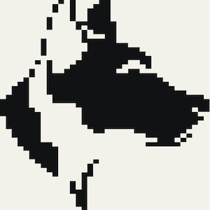 Może przedstawiać: Czarno-biała ilustracja w stylu pixel art przedstawiająca głowę psa. Obraz przedstawia czarną sylwetkę głowy i ucha psa na białym tle. Projekt jest prosty i nowoczesny.