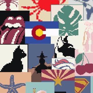 Puede incluir: Un collage de imágenes pixeladas que incluye un cangrejo rojo, un gato negro, una bandera del estado de Colorado, una estrella de mar, una flor de hibisco y un par de cerezas. Las imágenes son de varios colores y estilos.