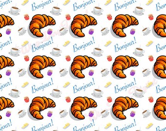 Bonjour クロワッサン パターン グラフィック SVG、朝食パターン、ペストリー ベクター、フレンチ パターン、カフェオレ、コーヒー グラフィック、Petit Dejuner PNG