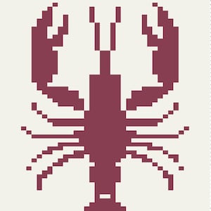 May include: A pixelated illustration of a lobster in a deep red hue against a cream background. The lobster is depicted in a simplified, blocky style, with prominent claws and antennae. The design is reminiscent of retro video game graphics.
