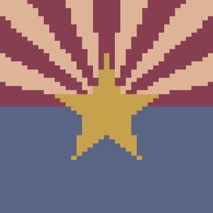 May include: Pixelated Arizona state flag design. The flag features a gold star in the center, with a blue lower section and a red and tan sunburst pattern in the upper section. The design is blocky and geometric.
