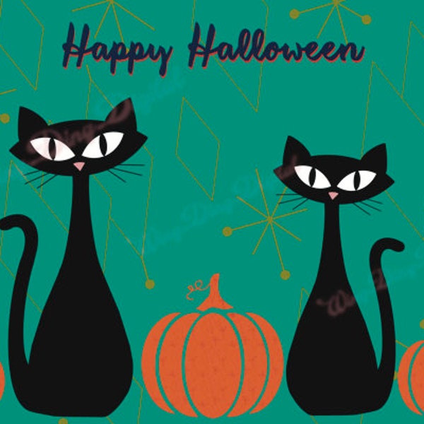 Halloween Cats Greeting Card, postcard, MCM, Fall Autumn, black cat, 4x6 Graphic, pumpkin, atomic cat, 50s retro, Print Design, PNG File