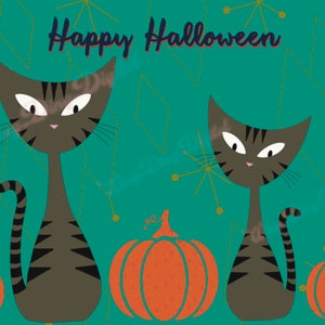 Carte de voeux de chats d'Halloween, carte postale, MCM, automne automne, chat tigré, graphique 4 x 6, citrouille, chat atomique, rétro des années 50, conception d'impression, fichier PNG