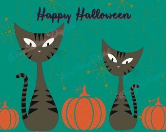 ハロウィン猫グリーティングカード、ポストカード、MCM、秋、トラ猫、4x6グラフィック、カボチャ、アトミックキャット、50年代レトロ、印刷デザイン、PNGファイル