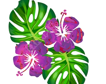 ハイビスカス モンステラ トロピカル SVG、島の花、トロピカル グラフィック、ルアウ、ハワイ、ティキ グラフィック、ファンキーな花柄 PNG ファイル