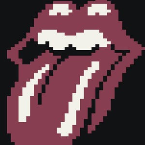 May include: Pixelated image of the Rolling Stones' iconic tongue and lips logo. The design features a maroon tongue and lips with white teeth, set against a black background. The artwork is rendered in a blocky, pixelated style.
