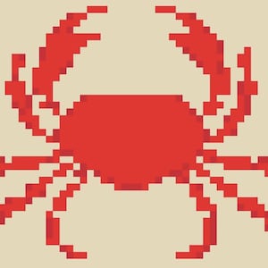 May include: A pixelated red crab illustration on a beige background. The crab is depicted in a simple, blocky style, with its body and claws clearly defined. This design is suitable for coastal-themed decor or apparel.