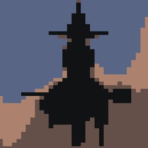 Op de afbeelding: Gepixeld beeld van een zwart silhouet van een heks met een hoed en bezem tegen een blauwe en bruine achtergrond. De afbeelding is samengesteld uit vierkante pixels, waardoor een retro, digitale kunststijl ontstaat.