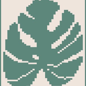 Op de afbeelding: Een digitale illustratie van een Monstera-blad in een vierkant formaat. Het blad is een gedempte teal kleur, met een pixelachtig ontwerp. De achtergrond is lichtbeige, waardoor een contrasterende rand rond het blad ontstaat. De afbeelding heeft een minimalistisch, botanisch thema.
