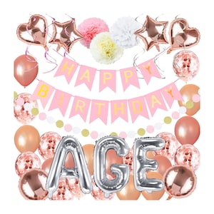 Rose Gold  Birthday Decorations Happy Birthday Banner Party Decorations Bunting Latex Balloons Confetti Balloons